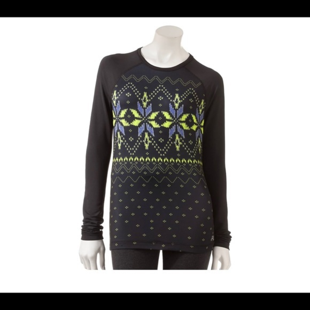 SKI TOP Fila Sport Womens LS Fairisle Raglan Activewear Shirt Black W/snowflake